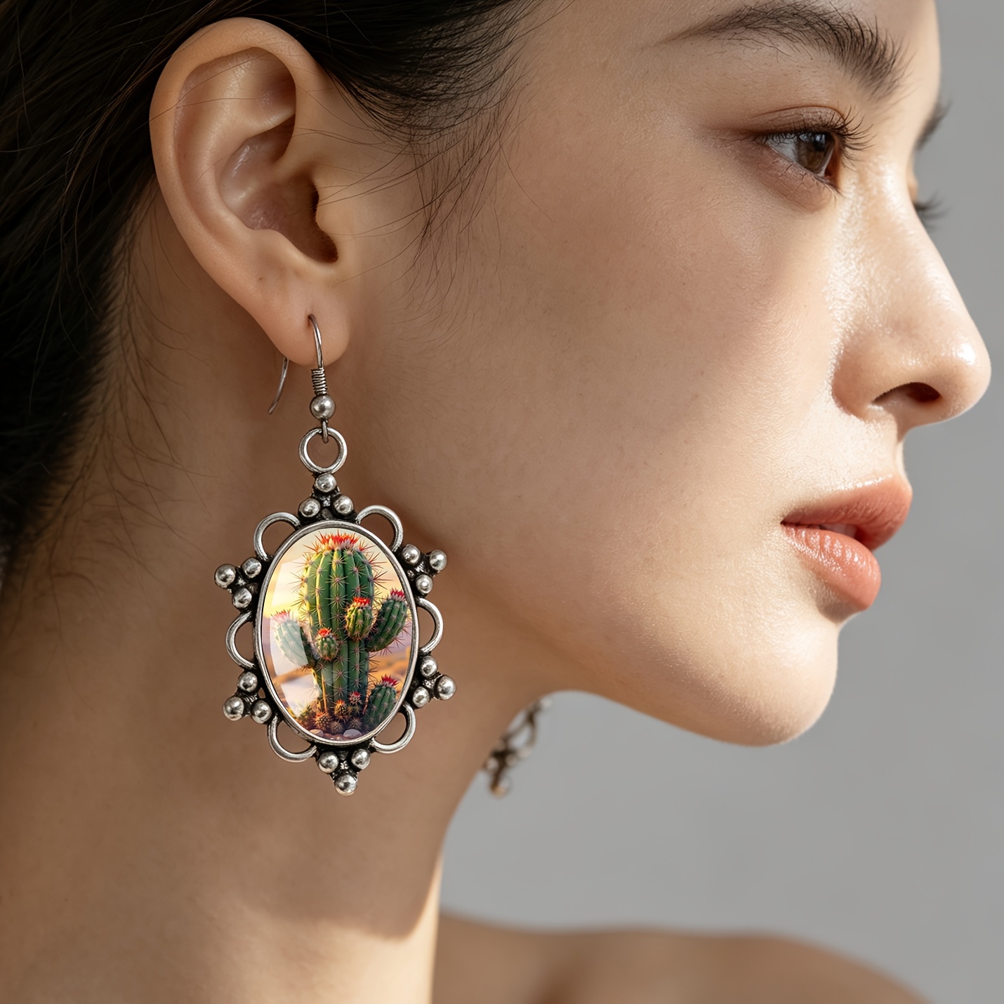 Twilight Red Flower Cactus Pattern Oval Earrings